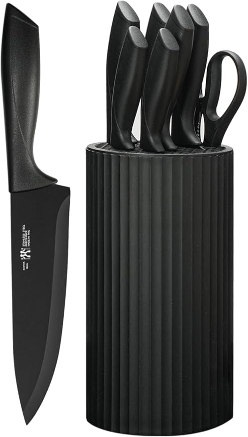 Knife set, 8-Piece Kitchen Knife Set for Chef, Sharp Knife Set with Universal Knife Block, Anti-Rust Kitchen Knife Block Set, Ergonomical Design (Dark Black)