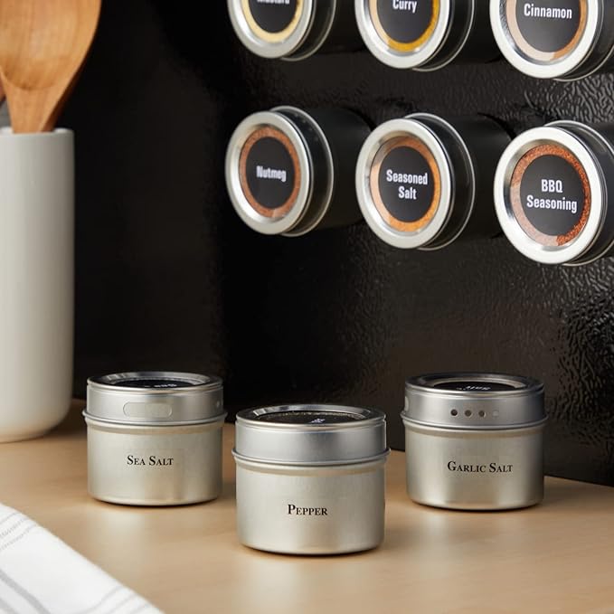 Talented Kitchen Magnetic Spice Jars for Refrigerator - 3 oz, Stainless Steel, Set of 12 - Spice Containers with Labels - Magnetic Travel Containers & Camper Must-Haves