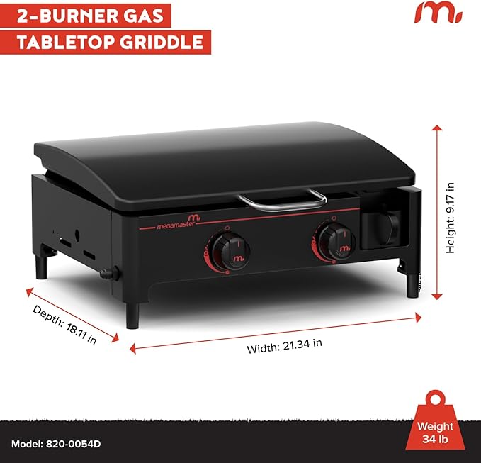 Megamaster 2-Burner Portable Gas Griddle with Built-In Lid, 18,000 BTUs, 282 SQ In Cooking Space, Small Tabletop Propane Griddle for Outdoor Cooking, Camping, BBQs, and Parties - 820-0054D