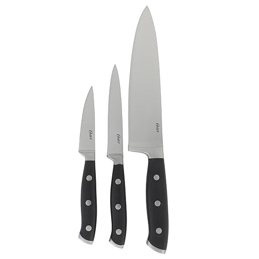 Oster Ginley 3 Piece High Carbon Stainless Steel Cutlery Set w/ABS Triple Riveted Forged Handle (Chef, Utility, Pairing Knife)