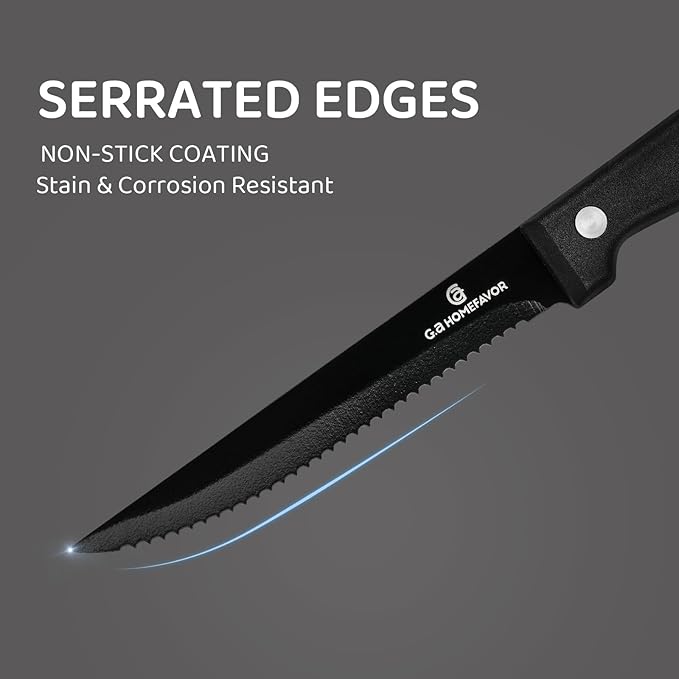 G.a HOMEFAVOR Steak Knife Set: 8-Piece Stainless Steel Sharp Serrated Knives Set with PP Handle for Kitchen, Full Black