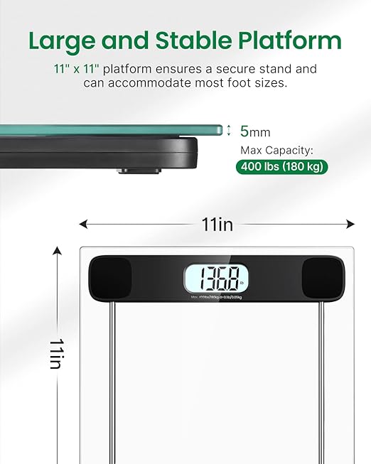 FITINDEX Bathroom Scale for Body Weight, Highly Accurate Digital Weighing Scale with Large LCD Display, Transparent and Slim Tempered Glass, 400 lbs, Black