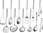 304 Stainless Steel Kitchen Utensils Set, 12 Pcs Long Metal Utensils Set with Potato Masher, Spoon, Ladle, Skimmer, Turner, Pasta Server, Tongs etc(Dishwasher Safe)