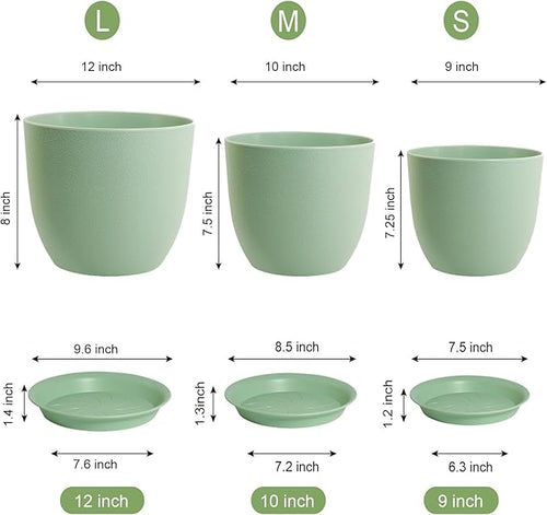 12/10/9 Large Modern Plant Pots, Plastic Planters with Drainage Holes and Saucers for Indoor Outdoor Plants Flowers, Green
