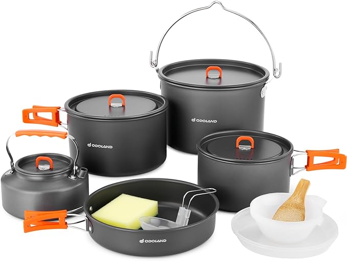 Odoland 18pcs Camping Cookware Large Size Hanging Pot Pan Kettle Set with Plastic Plates Bowls Soup Spoon for Camping, Backpacking, Outdoor Cooking and Picnic