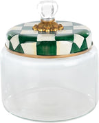 MACKENZIE-CHILDS Medium Kitchen Canister, Decorative Glass Storage Jar with Lid, Green-and-White Emerald Check
