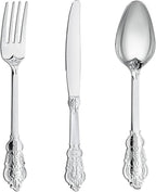 N9R 120PCS Silver Plastic Silverware, Heavy Duty Plastic Cutlery for Parties, Fancy Disposable Flatware Set Includes 40 Forks, 40 Spoons, and 40 Knives, Perfect for Weddings, Dinners, Picnics, Party
