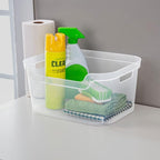 Sterilite 7 x 11 x 14.25 Inch Polished Open Scoop Front Storage Bin with Comfortable Carry Through Handles for Household Organization, Clear (12 Pack)