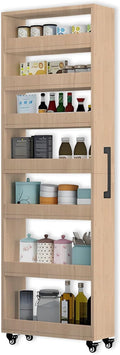 7-Tier Slim Storage Cart, Wooden Rolling Pantry Cabinet with Wheels, Narrow Shelf Organizer for Kitchen, Bakers Rack, Dining Room, Closet, Small Spaces Light Walnut 73.2''H*9.8''W*19.6''D