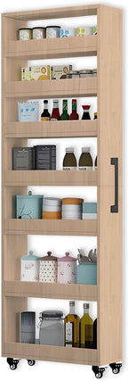 7-Tier Slim Storage Cart, Wooden Rolling Pantry Cabinet with Wheels, Narrow Shelf Organizer for Kitchen, Bakers Rack, Dining Room, Closet, Small Spaces Light Walnut 73.2''H*9.8''W*19.6''D