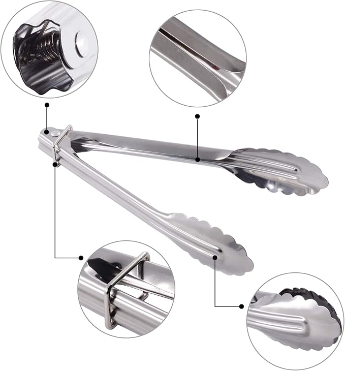 Mini Stainless Steel Food Tongs with Silding Rings 7-Inch - Set of 6 - Small Clam Shell Service Tongs for Serving Appetizers, Desserts, Salads, Barbecue and Cooking (Silver)