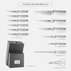 hecef Kitchen Knife Block Set, 14 Pieces Knife Set with Wooden Block & Sharpener Steel & All-purpose Scissors, High Carbon Stainless Steel Cutlery Set (Grey)