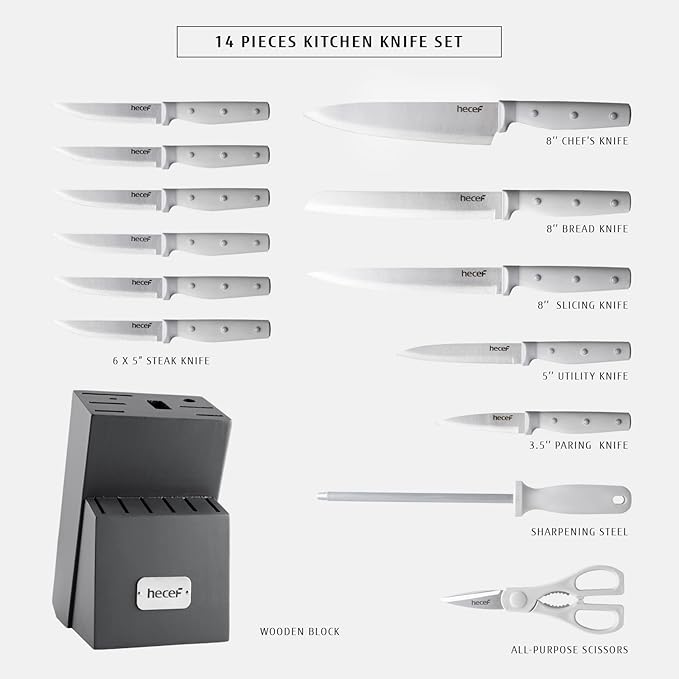 hecef Kitchen Knife Block Set, 14 Pieces Knife Set with Wooden Block & Sharpener Steel & All-purpose Scissors, High Carbon Stainless Steel Cutlery Set (Grey)