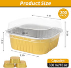 200 Pack 10 oz Gold Mini Aluminum Cake Pans with Lids and Spoons, Disposable Square Baking Cups, Oven Safe Foil Ramekins for Individual Desserts, Cupcakes, Cheesecakes Ramekins Muffin