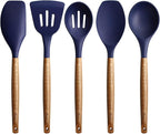 Miusco Non-Stick Silicone Kitchen Utensils Set with Natural Acacia Hard Wood Handle, 5 Piece, Midnight Blue, BPA Free, Baking & Serving Silicone Cooking Utensils