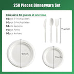 250 Pcs Biodegradable Paper Plates Set Disposable Dinnerware Set, Eco Friendly Compostable (EXTRA LONG UTENSILS), Utensil include, Forks, Knives and Spoons for Party andBirthday party, camping