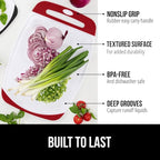 GORILLA GRIP BPA-Free Reversible Kitchen Cutting Board Set of 3, US Designed, Nonporous, Juice Grooves Catch Liquid, Slip Resistant Border, Durable Food Chopping Boards, Christmas Kitchen Decor, Red