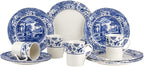 Spode Blue Italian Brocato 12 Piece Dinnerware Set - Service for 4 with Earthenware Dinner Plates, Salad Plates, Mugs - Dishwasher & Microwave Safe Oriental Inspired Tableware