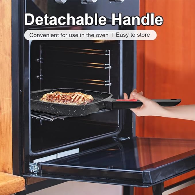 Griddle Pan with Lid, 10 Inch Cast Aluminium Non Stick Grill Pan with Detachable Handle for Induction Hob, Black