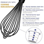 Dishwasher Safe Silicone Whisk, Sealed Waterproof Design Set of 3, Professional Kitchen Whisks for Cooking Non-Scratch, Silicone & Stainless Steel Whisk, Heat Resistant Balloon Egg Beater, Black