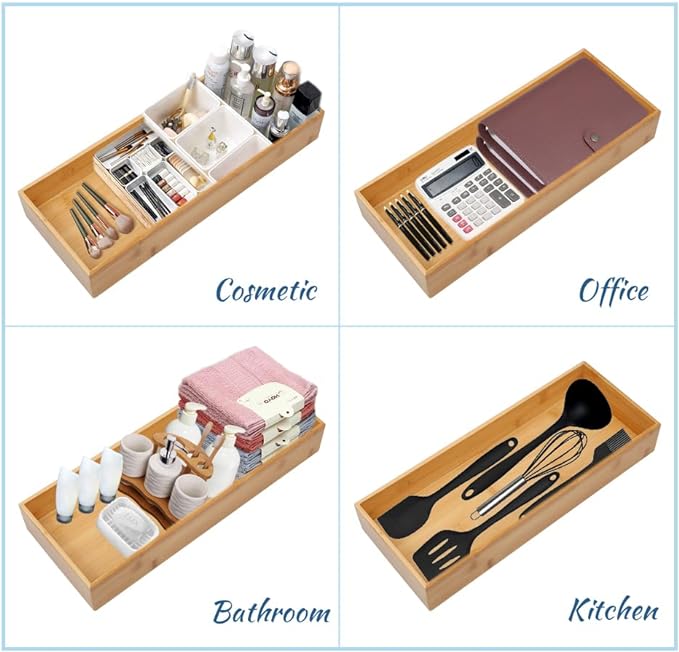 Bamboo Drawer Organizer - Kitchen Utensil Organizer Silverware Tray Cutlery Holder，Office Desk Supplies and Accessories (12x3x2.6 inch)