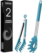 Spaghetti Spoon and Pasta Tong, Non-stick Silicone Spoon Server Fork With Teeth and Stainless Steel Handle, Food Clip for Noodles (Blue)