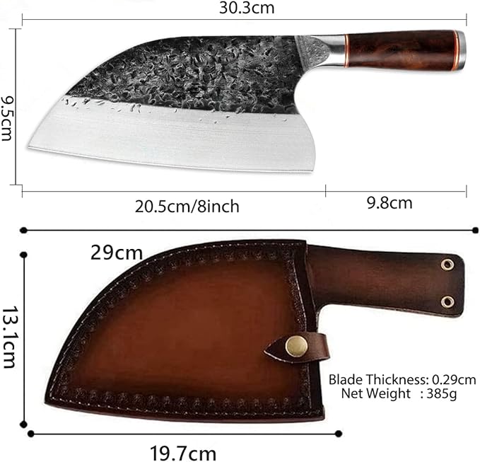 Smith Chu Handmade Forged Serbian Meat Cleaver Knife with Sheath Chef's knvies Full Tang Butcher Knife Outdoor Meat Vegetable Cleaver for Family, BBQ or Camping Gift for Dad