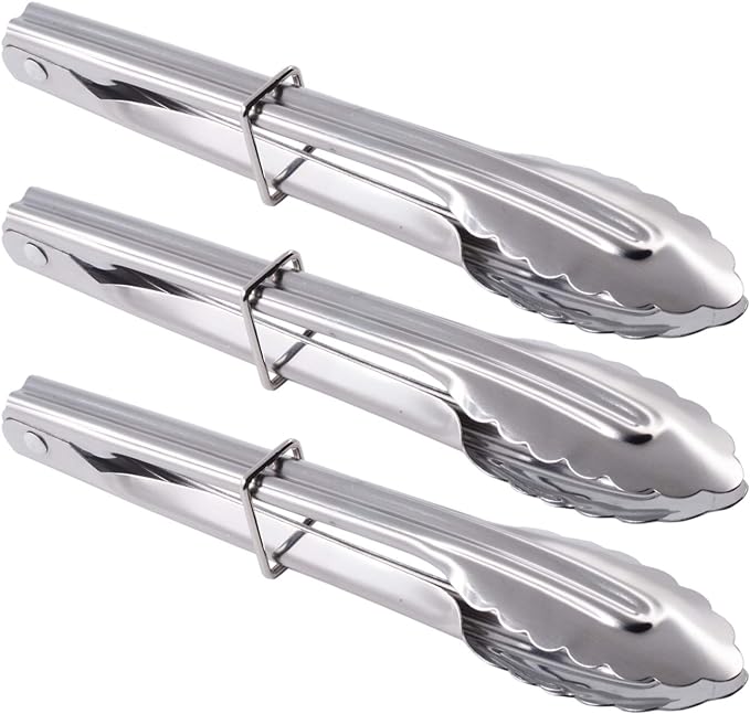 Small Stainless Steel Serving Tongs 7-Inch Salad Tongs, Set of 3 (Silver)