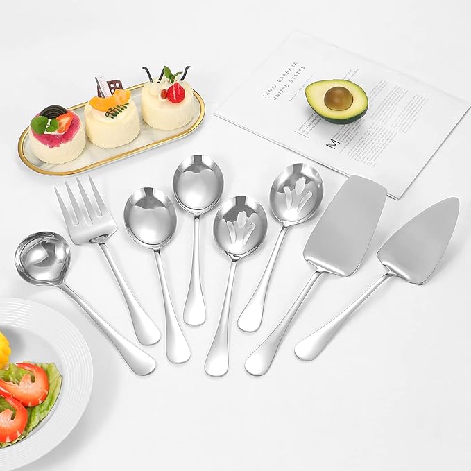 Stainless Steel Serving Utensils,8 Pcs Serving Set with Serving Spoons,Serving Fork,Soup Ladle,Lasagna Server,Pie Server,Polished Serving Utensil Set for Buffet Parties Home,Dishwasher Safe