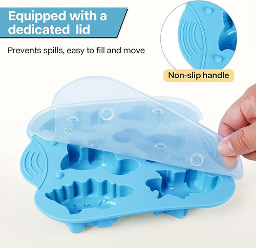 2-Pack Silicone Dinosaur Molds with Lids, Multi-Purpose Jello Molds for Kids, Dinosaur Silicone Mold for Chocolate, Baking & Crafting Tool for Cake, Candy, Jello, Ice Cubes - Blue