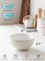 LE TAUCI Cereal bowls 26 oz, Ceramic Soup Bowl for Kitchen, Embossment Stoneware Bowl for Pho, Chip, Fruits, Salad, Noodle, Ramen, Suit For Housewarming - 6 Inch, Set of 4, Arctic white