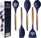 Miusco Non-Stick Silicone Kitchen Utensils Set with Natural Acacia Hard Wood Handle, 5 Piece, Midnight Blue, BPA Free, Baking & Serving Silicone Cooking Utensils