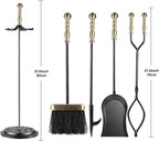 5 Pieces Fireplace Tools Sets Wrought Iron Firewood Kit with Handle Durable Tool Set and Holder for Fire Pit Stand Indoor Tong Shovel Poker Brush Firewood Accessories (Brass)
