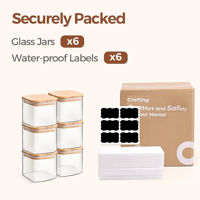 ComSaf 0.6 Qt Glass Food Storage Jars Set of 6, Clear Storage Containers with Airtight Lids, Pantry Organization Jar, Spice Jar, Blooming Tea, Coffee and Sugar Container, Canister Set for Kitchen