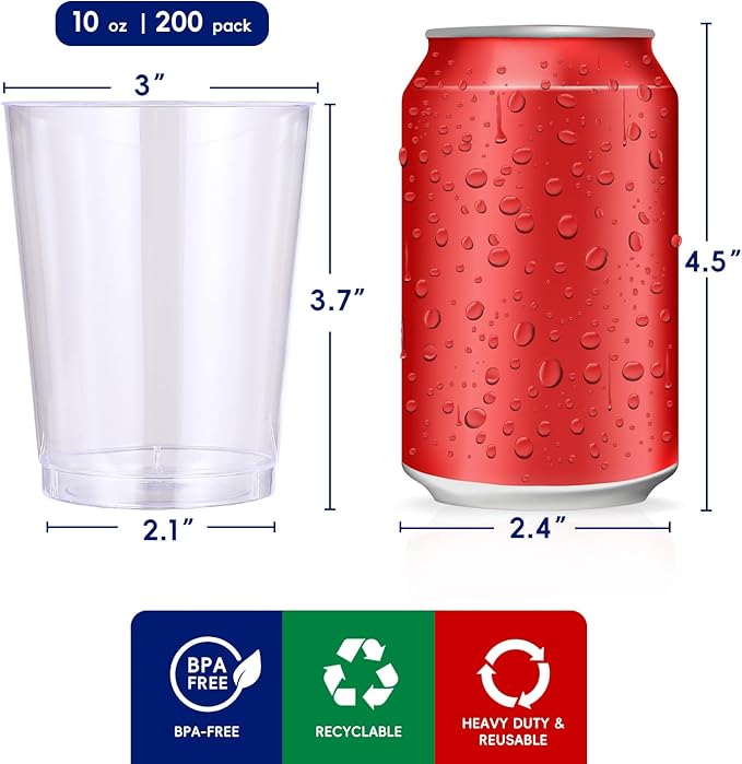 JOLLY CHEF 10 oz Clear Disposable Plastic Cups 200 Pack, Clear Plastic Cups Tumblers, Heavy duty Party Glasses, Disposable Cups for Wedding, Thanksgiving, Christmas Party