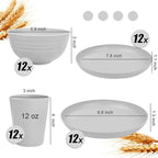LIYH 48 Pcs Light Grey Plastic Wheat Straw Dinnerware Plates and Bowls Set,Camping Dish Set for 12, Dishwasher Safe Dinnerware Sets, Unbreakable Plates,Camping Dish Sets