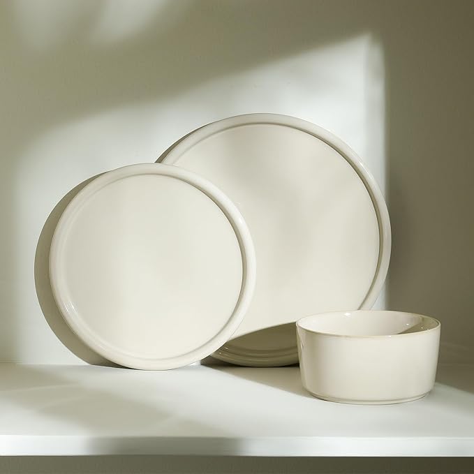 Stone Lain Eden 12-Piece Dinnerware Set Stoneware, Plates and Bowls Set, Dishwasher and Microwave Safe Dish, Dish Set for 4, Beige