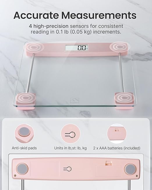 FITINDEX Bathroom Scale for Body Weight, Highly Accurate Digital Weighing Scale with Large LCD Display, Transparent and Slim Tempered Glass, 400 lbs, Pink
