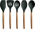 Miusco Non-Stick Silicone Cooking Utensils Set with Natural Acacia Hard Wood Handle, 5 Piece, High Heat Resistant (Green)