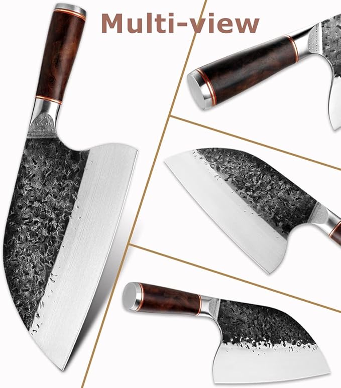 Smith Chu Handmade Forged Serbian Meat Cleaver Knife with Sheath Chef's knvies Full Tang Butcher Knife Outdoor Meat Vegetable Cleaver for Family, BBQ or Camping Gift for Dad