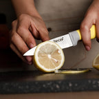 hecef Kitchen Knife Block Set, 14 Pieces Knife Set with Wooden Block & Sharpener Steel & All-purpose Scissors, High Carbon Stainless Steel Cutlery Set (Yellow)