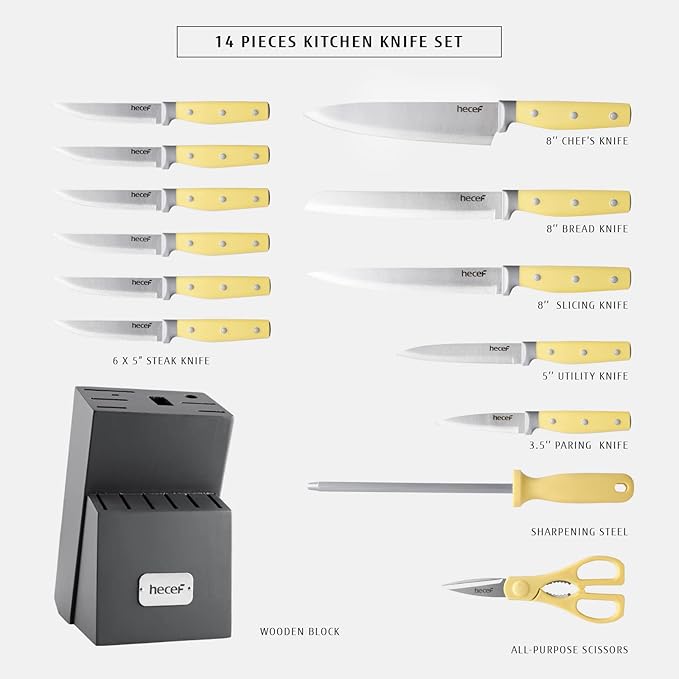 hecef Kitchen Knife Block Set, 14 Pieces Knife Set with Wooden Block & Sharpener Steel & All-purpose Scissors, High Carbon Stainless Steel Cutlery Set (Yellow)