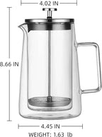French Press Coffee Maker 34Oz (1 Liter), DoubleWall Insulated Borosilicate Glass, Heat-Resistant Design, Stainless Steel Filter for Coffee, Tea & Cold Brew