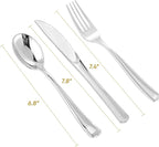FOCUSLINE 300 Pack Silver Plastic Cutlery Set - 100 Forks, 100 Knives, 100 Spoons - Disposable Flatware Heavy Duty Plastic Silverware Set for Catering, Parties, Dinners, Weddings