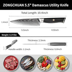 Utility Knife,5.5inch Damascus knife,67-Layer High Carbon Stainless Steel Kitchen Knife,Professiona Sharp Cutting Knives with Black Ergonomic G10 Handle,Gift Box for Home and Kitchen Birthday Gift
