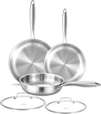 DELARLO Tri-ply Stainless Steel Frying Pan Set with Lid 8"10"12" Induction large Skillets Chef's Pan,Pots and Pans Set Kitchen Cookware Set Suitable for All Stove