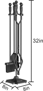 Fire Beauty Fireplace Tools Set 5 Pieces Wrought Iron Fireset Woodstove Log Tongs Holder Fire Kit Setwith Pedestal Place(32 Inches)