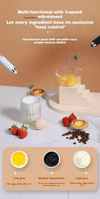 3-Speed USB Rechargeable Handheld Electric Milk Frother, Cordless Mini Whisk for Coffee, Egg Beater for Baking, Baby Food Blender with One-Touch Operation, Stable Stirring No Splash