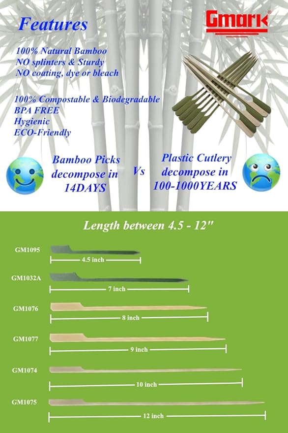 Gmark 7" Bamboo Paddle Skewers 100 ct, Natural Bamboo Paddle Picks, BBQ Picks GM1032A