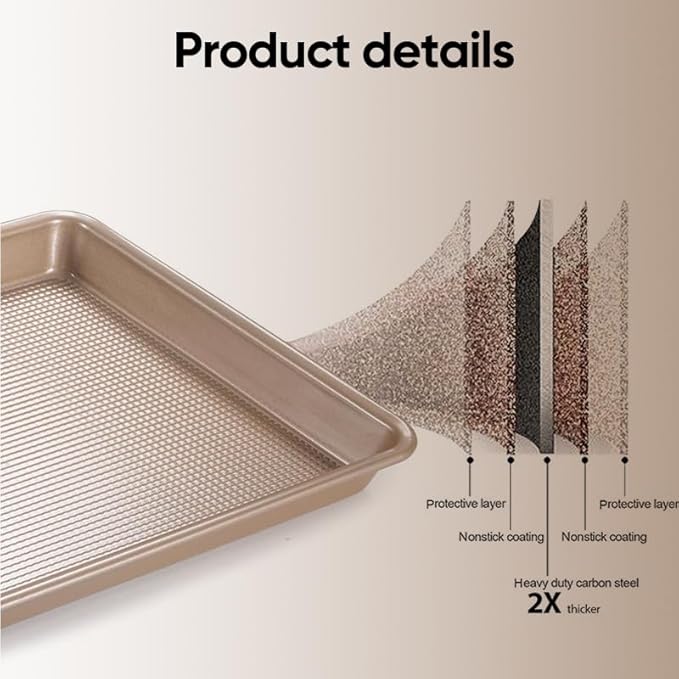 SAKER 3 Pack Nonstick Baking Sheet Set, Carbon Steel Cookie Pan with Cooling Rack, Even Heat Distribution & Warp-Resistant for Oven Baking, Roasting & Cooking (Champagne Gold)